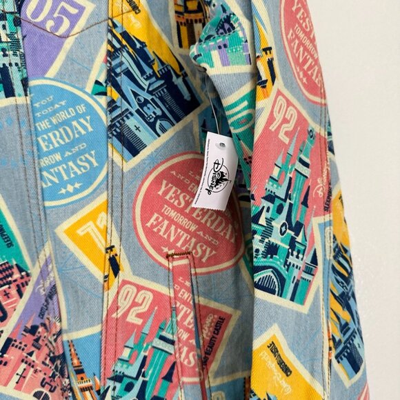 Disney Castles of Disney Parks D23 Postage Stamps Denim Jacket Size L NEW - Picture 4 of 10
